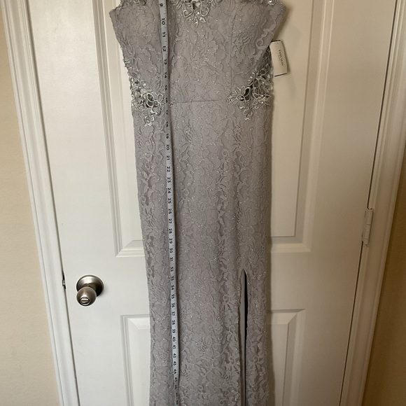 City Triangle Womens Gray Sleeveless Side Slit Rhinestone Lace Maxi Dress Size 7 - Picture 15 of 15